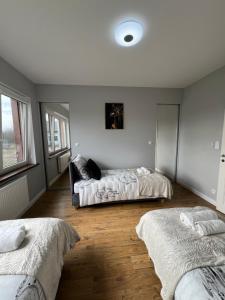 um quarto com duas camas e um sofá em Apartament nr 2 Chorzelów em Mielec