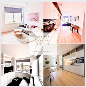 a collage of photos of a living room and dining room at London LuXXe Suites & Apartments - London Heathrow Airport, Terminal 1 2 3 4 5 in New Bedfont