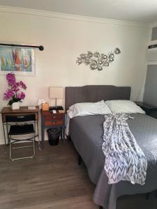 a bedroom with a bed and a desk with a lamp at Lovely Studio Apartment with Kitchenette. in Tampa