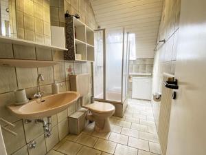 un baño con lavabo e inodoro en Ferien im Wangerland - Haus Wiesenweg - Apartment 2 1OG, en Horumersiel 8 fotos más