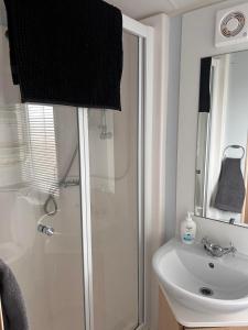 y baño con ducha y lavamanos. en Red Lion Caravan Park, Arbroath, en Arbroath