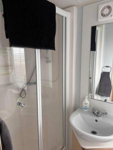 a white bathroom with a shower and a sink at Red Lion Caravan Park, Arbroath in Arbroath