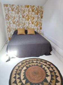 um quarto com uma cama com um tapete no chão em Charmante maison de village Proche d'Uzès em La Bruguière