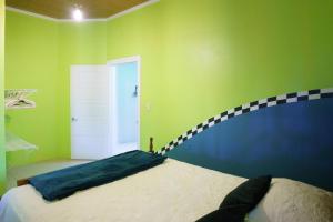 een groene kamer met een bed met een blauwe en groene muur bij Root Wellness Arenal in Esperanza