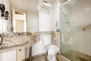 ein Bad mit einem WC und einer Dusche in der Unterkunft Flat espaçoso com internet e Piscina - Vila Osasco in Osasco