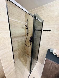 W łazience znajduje się prysznic ze szklanymi drzwiami. w obiekcie Apartman Aurora w Zagrzebiu