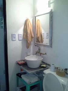 y baño con lavabo, espejo y aseo. en Casa del Angel Duplex Centrico con Patio en La Plata