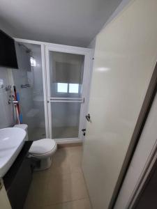 een badkamer met een toilet, een wastafel en een douche bij R.1102 Lindo estudio ejecutivo en área turística. in Panama-Stad