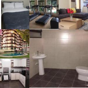 a collage of photos of a hotel room with a bed and a sink at Casa ozone in Nairobi