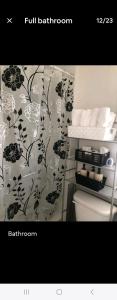 a bathroom with a black and white shower curtain at LOVELY RENOVATED 2 BEDROOM HOME WITH FREE Parking in Albany