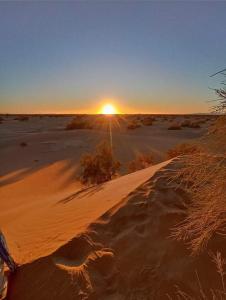 un desierto con la puesta de sol en el horizonte en M'Hamid Budget Lodge, en Mhamid