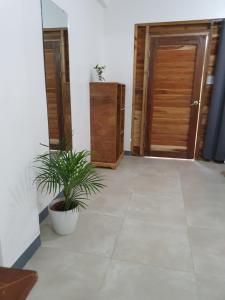 a hallway with two doors and a potted plant at Maui Homestay in General Luna