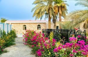 een huis met roze bloemen voor een hek bij Andalusia farm in Al Rahba