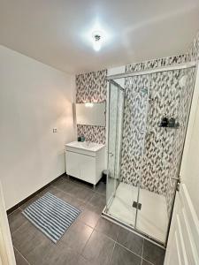 ein Bad mit einer Dusche und einem Waschbecken in der Unterkunft Superbe appartement Paris/Bagnolet 203 in Bagnolet