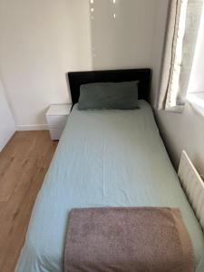 - un lit avec une couverture verte et une fenêtre dans l'établissement Charming Escape: 2BR Home with Parking, à Aveley