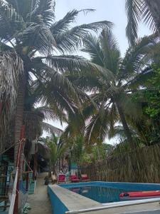 a resort with palm trees and a swimming pool at El Puente in Sipacate