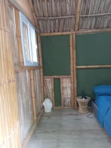 a room with green walls and a blue couch at El Puente in Sipacate