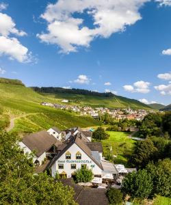 eine Luftansicht eines Dorfes in den Hügeln in der Unterkunft Weinhotel Restaurant Klostermühle in Ockfen