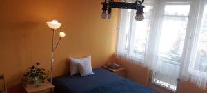 a bedroom with a blue bed and two windows at Buda Super Panorama in Budapest