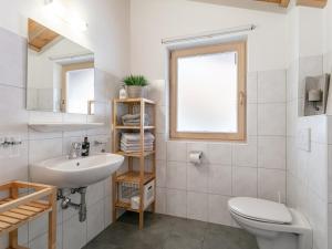 Un baño con lavabo, inodoro y ventana. en Van Dik Hout, en Hippach 36 fotos más