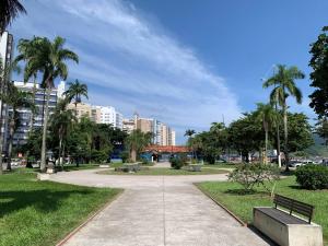 einen Park mit einer Bank, Palmen und Gebäuden in der Unterkunft Apartamento em Santos na Ponta da Praia in Santos