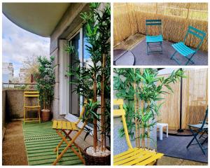 a collage of photos of a porch with a blue chair and plants at Cosy Case between Disney and Paris in Champs-Sur-Marne