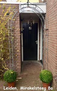 een zwarte deur in een bakstenen gebouw met twee planten bij number 8 in Leiden