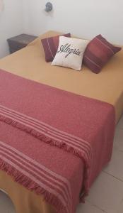 a bed with a red blanket and a pillow on it at Ruka Leufu in Santa Rosa de Calamuchita