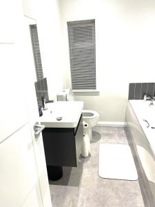 a white bathroom with a sink and a toilet at Ekaya Cozy Home in Belfast