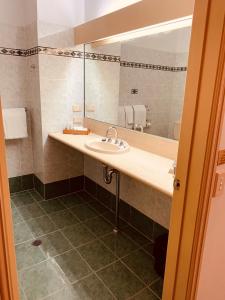 La salle de bains est pourvue d'un lavabo et d'un grand miroir. dans l'établissement Royal Albert Hotel, à Brisbane