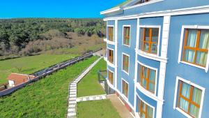 un edificio azul con vistas a un campo en Green Roof Boutique Hotel & Spa en Durusu