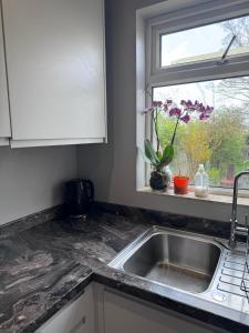 um balcão de cozinha com um lavatório e uma janela em Tayy’s Inn em Birmingham
