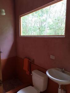 baño con aseo y lavabo y ventana en Cabina Gooder, en Chachagua