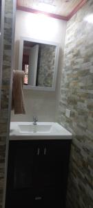 een badkamer met een wastafel en een spiegel bij alojamientos CM in Tolhuin