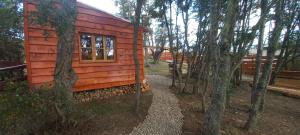 une cabane en rondins dans les bois à côté de quelques arbres dans l'établissement alojamientos CM, à Tolhuin