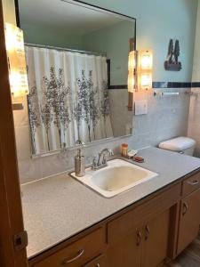 La salle de bains est pourvue d'un lavabo et d'un grand miroir. dans l'établissement The Badger House ~ Newly Remodeled Home ~ Rib Mountain, à Wausau