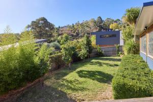 a backyard with a fence and trees and a house at Basin Road Guesthouse in Royal Park