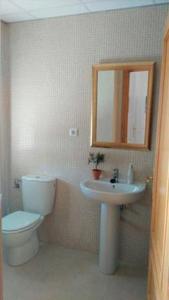 a bathroom with a toilet and a sink and a mirror at Apartamento Cornalvo in Trujillanos