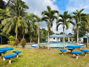 a group of blue picnic tables in front of a pool at Forest View Leisure Residences in Olongapo