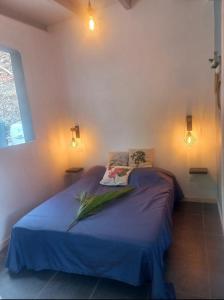 Schlafzimmer mit einem Bett mit blauer Bettwäsche und Beleuchtung in der Unterkunft Tropi Kay' Location - Bungalow avec jacuzzi in Le Diamant