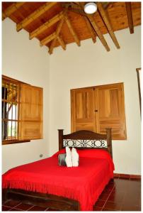 1 dormitorio con 1 cama roja y 2 almohadas en FINCA HOTEL JARDIN CAFETERO DEL QUINDIO, en Quimbaya