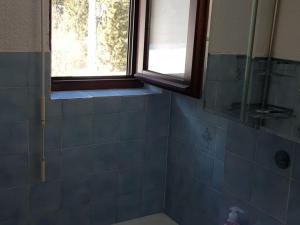 La salle de bains est pourvue d'une douche carrelée de bleu et d'une fenêtre. dans l'établissement Appartement Châtel, 2 pièces, 4 personnes - FR-1-676-187, à Châtel