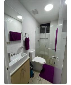 uma casa de banho com um lavatório, um WC e um chuveiro em Renewed apt in Altamira, the heart of Caracas em Caracas