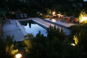 a swimming pool in a backyard at night at Kapteinis&Grants in Engure +47 photos