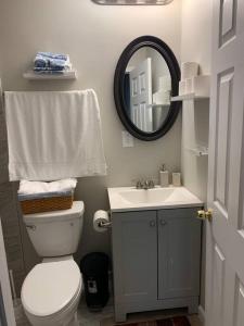 a bathroom with a toilet and a sink and a mirror at Chic Home Away From Home! in Bowling Green