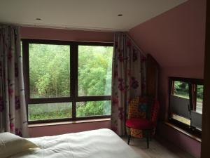 een slaapkamer met een bed en 2 ramen en een stoel bij Chambres d'Hotes Chez Marie in Seltz