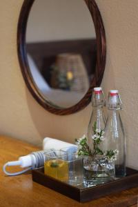 a tray with two bottles on a table with a mirror at Thom Farm and Retreat in Teurnoum