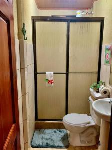 a bathroom with a toilet and a sink at Casa Heliconia in Puerto Jiménez