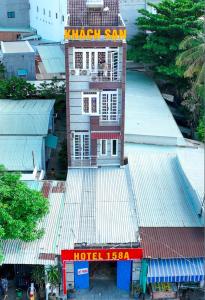 an overhead view of a building with a sign on it at 158A Hotel in Ho Chi Minh City