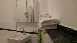 ein Badezimmer mit einem Waschbecken und Handtüchern auf der Theke in der Unterkunft Apartment Rhein Main in Hochheim am Main